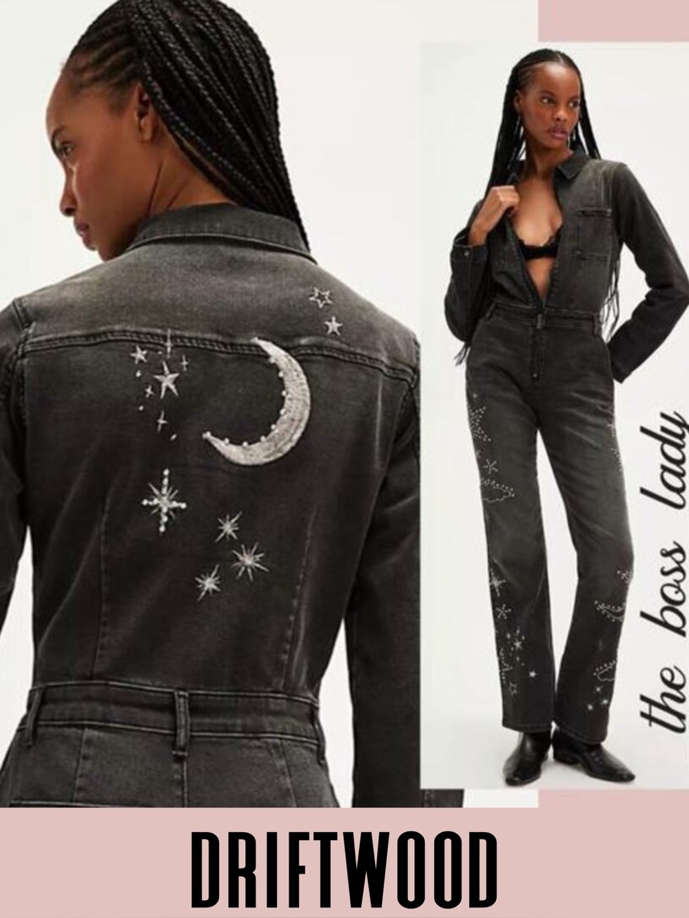 Free People x Driftwood jumpsuit denim one piece onesie embroidered Large